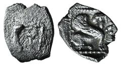Greek world and ancient Near East Caria, Uncertain, c. 5th-4th century BC. AR Tetartemorion (6mm, 0.16g). Boar l.(?). R/ Sphinx seated r., within dotted border in incuse square. Unpublished in the sta