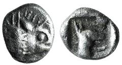 Greek world and ancient Near East Lycia, Uncertain, 5th century BC. AR Hemiobol(?) (6mm, 0.33 g, 3h). Boar head r. R/ Head and neck of hound r., within incuse square. Traité II 184 var. (hound l.). Ra