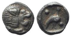 Greek world and ancient Near East Ionia, Miletos, late 6th-early 5th century BC. AR Tetartemorion (6mm, 0.27g, 12h). Head of a roaring lion r. R/ Eagle standing r.; two pellets in field; all within in
