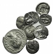 Large Lots Magna Graecia, lot of 7 AR fractions, including an Elagabalus Denarius, to be catalog. Lot sold as is, no return