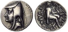 The Simonetta Collection of Parthian coins Arsaces I (238-211), Drachm, Nisa (?), c. 238-211 BC; AR (g 4,12; mm 17; h 12); Head l., wearing bashlyk, Rv. ΑΡΣΑΚΟY (partially Aramaic scripts), king seate