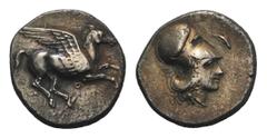 Greek world and ancient Near East Corinth, c. 400-375 BC. AR Stater (22mm, 8.22g, 6h). AR Stater (22mm, 8.22 g, 12h). Pegasos flying r. R/ Helmeted head of Athena r.; dolphin before. Pegasi 346; BCD C
