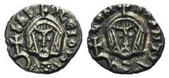 Byzantine Basil I and Constantine (867-886). Debased AV Semissis (10mm, 1.00g, 6h). Syracuse, 868-879. Crowned facing bust of Basil, wearing loros, holding globus cruciger. R/ Crowned facing bust of C