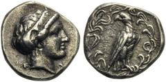 Greek world and ancient Near East Elis, Olympia, Stater, ca. 363-323 BC; AR (g 10,82; mm 25; h 11); Diademed head of Hera r.; below, F - A, Rv. Eagle standing facing to r., head l., its wings closed, 