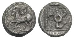 Greek Dynasts of Lycia, Kuprilli(?), c. 480-440 BC. AR Tetrobol (12mm, 3.06g). Goat kneeling l.; facing head of panther above. R/ K-O-Π, Triskeles, within pelleted circular border, within incuse circl