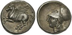 Greek world and ancient Near East Bruttium, Medma, 'Corinthian standard' Stater, ca. 330-320 BC; AR (g 8,43; mm 20; h 7); Pegasus flying l., Rv. Head of athena l., wearing Corinthian helmet; below nec
