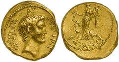 The Roman Republic M. Antonius, Aureus, mint moving with Antonius, 41 BC; AV (g 7,97; mm 21; h 2); ANT AVG IMP III V R P C, head of Antonius r., Rv. Pietas standing l., holding rudder and cornucopiae;