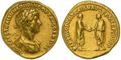 The Roman Empire Hadrian (117-138), Aureus, Rome, AD 117; AV (g 7,11; mm 19; h 6); IMP CAES TRAIAN HADRIANO OPT AVG GER DAC, laureate, draped and cuirassed bust r., Rv. PARTHIC DIVI TRAIAN AVG F P M T