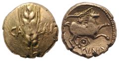 Celtic Celtic, Trinovantes & Catuvellauni. Cunobelin (c. AD 8-41). AV Stater (17mm, 5.49g, 12h). Camulodunum (Colchester). Grain ear without central linear stalk; CA MV flanking. R/ Horse leaping r.; 
