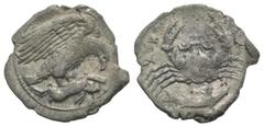 Collection Sicily, Akragas, c. 420-410 BC. AR Hemidrachm (17mm, 2.01g, 6h). Eagle r., clutching hare in talons. R/ Crab; below, fish r. Westermark, Coinage, 568 (O13/R19); SNG ANS 1003-9; HGC 2, 104. 
