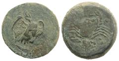 Collection Sicily, Akragas, c. 415-406 BC. Æ Hemilitron (27mm, 16.67g, 7h). Eagle standing r. on tunny. R/ Crab; conch shell and octopus below, six pellets around. Cf. Westermark, Coinage, 622; CNS I,