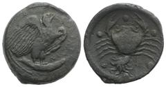 Collection Sicily, Akragas, c. 415-406 BC. Æ Hemilitron (29mm, 21.17g, 11h). Eagle standing r. on tunny. R/ Crab; conch shell and octopus below, six pellets around. Westermark, Coinage, 646 (O15/R23);