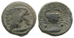 Collection Sicily, Akragas, c. 415-406 BC. Æ Hexas (18mm, 6.46g, 11h). Eagle, with head lowered, standing r. on fish. R/ Crab; fish r. below; two pellets on either side of crab. Westermark, Coinage, 9