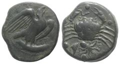 Greek Sicily, Akragas, c. 415-406 BC. Æ Hemilitron (28mm, 20.55g, 6h). Eagle standing r. on tunny. R/ Crab; conch shell and octopus below, six pellets around. Westermark, Coinage, 633; CNS I, 40; cf. 