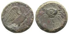 Greek Sicily, Akragas, c. 415-406 BC. Æ Hemilitron (26mm, 20.00g, 12h). Eagle standing r. on tunny. R/ Crab; conch shell and octopus below, six pellets around. Cf. Westermark, Coinage, 639; CNS I, 40;