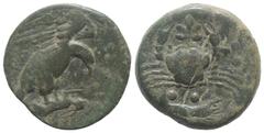 Greek Sicily, Akragas, c. 415-406 BC. Æ Hemilitron (27mm, 11.31g, 10h). Eagle standing r. on hare, head lowered. R/ Crab; leaf above, crayfish below; six pellets around. Westermark, Coinage, 693; CNS 