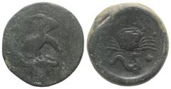 Greek Sicily, Akragas, c. 415-406 BC. Æ Hemilitron (30mm, 19.86g, 12h). Eagle standing r. on hare, wings spread. R/ Crab; below, hippocamp r. and shell; six pellets around. Westermark, Coinage, 780; C