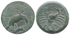 Greek Sicily, Akragas, c. 415-406 BC. Æ Hemilitron (26mm, 13.32g, 12h). Eagle standing r. on hare, wings spread. R/ Crab; below, hippocamp r.; six pellets around. Westermark, Coinage, 791; CNS I, 19; 
