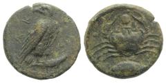 Greek Sicily, Akragas, c. 415-406 BC. Æ Onkia (16mm, 3.50g, 11h). Eagle standing r. with head reverted, on a fish. R/ Crab, fish l. below; pellet between crab's claws. Westermark, Coinage, 1000; CNS I