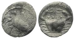 Greek Sicily, Akragas, c. 425-406 BC. AR Litra (8mm, 0.52g, 11h). Eagle standing l. on capital. R/ Crab. Westermark, Coinage, Group III, 476; SNG ANS 989–995; HGC 2, 121. Porous, near VF