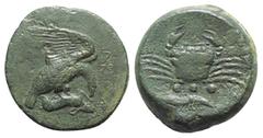 Greek Sicily, Akragas, c. 425-406 BC. Æ Tetras (23mm, 11.28g, 6h). Eagle standing r. on hare, head lowered, wings spread. R/ Crab; below, three pellets and crayfish l. Westermark, Coinage, Series 5, 8
