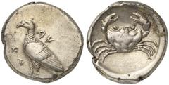 Greek world and ancient Near East Sicily, Akragas, Didrachm, ca. 480-470 BC AR (g 8,58; mm 21; h 6) AK - RA, eagle standing l., Rv. crab within incuse circle. Westermark, Coinage, Period I, Group IV, 