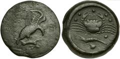 Greek world and ancient Near East Sicily, Akragas, Hemilitron, before 406 BC AE (g 21,46; mm 31; h 9) AKPA, eagle flying r., holding hare with claws, Rv. crab; around, six pellets; below crayfish and 