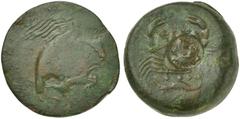 Greek world and ancient Near East Sicily, Akragas, Tetras, before 406 BC AE (g 10,91; mm 23; h 6) AKPA, eagle flying r., holding hare with claws, Rv. AKPA, crab; below, three pellets and crayfish l.; 