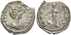 The Roman Empire Manlia Scantilla, Denarius struck under Didius Julianus, Rome, March - June AD 193 AR (g 3,00; mm 18; h 11) MANLIA SCA - NTILLA AVG, draped bust r., hair knotted behind, Rv. IVNO RE -