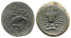 Greek Sicily, Akragas, c. 425-406 BC. Æ Tetras (25mm, 8.57g, 7h). Eagle standing r. on hare, head lowered, wings spread. R/ Crab; below, three pellets and crayfish l. Westermark, Coinage, Series 5; CN