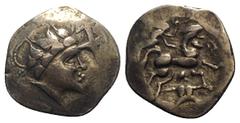 Celtic Celtic. Gaul, Northwest. Namnetes, 2nd-1st centuries BC. Base AV Stater (23mm, 7.11g, 11h). Celticized head r., hair flowing behind; cross ornament at forehead; pearl strings flowing around. R/