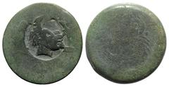 Greek Sicily, Akragas, c. 415-406 BC. Æ Hemilitron (31mm, 21.77g). [Eagle standing r. on fish or hare] / [Crab; six pellets around]; c/m: head of Herakles r., wearing lion skin, within incuse circle. 