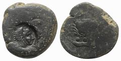 Greek Sicily, Akragas, c. 415-406 BC. Æ Tetras (24mm, 11.25g). Eagle standing r. R/ Crab; six pellets around, crayfish below; c/m: head of Herakles r., wearing lion's skin, within circular incuse. CNS