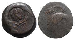 Greek Sicily, Akragas, c. 415-406 BC. Æ Tetras (22mm, 8.76g). Eagle standing r. R/ Crab; six pellets around, crayfish below; c/m: head of Herakles r., wearing lion's skin, within circular incuse. CNS 