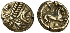 Celtic Celtic, Britain, Trinovantes and Catuvellauni, Whaddon Chase Type, ca. 55-45 BC. AV (g 4,48; mm 16; h 9). Devolved head of Apollo r., two wing-like ornaments above the laureal wreath, Rv. Horse