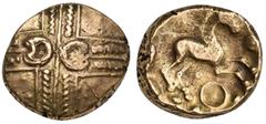 Celtic Celtic, Britain, Trinovantes, Addedomaros, Stater, ca. 40-30 BC. AV (g 5,62; mm 17; h 6). Crossed wreaths with two crescents back to back at the center, Rv. ADDEDIIDOM, horse advancing r.; belo