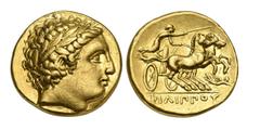 Greek Kings of Macedon, Pella, Stater in the name of Philip II, ca. 323-317 BC; AV Stater (g 8,53; mm 18; h 11); Head of Apollo r., wearing laurel wreath; Rv. ΦIΛIΠΠOY, Charioteer, holding kentron and