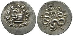Greek Mysia, Pergamon, Cistophoric Tetradrachm, ca. 166-67 BC; AR (g 12,63; mm 26; h 12). Cista mystica with serpent; all within ivy-wreath; Rv. Two serpents entwined around bow and bowcase; MA above,