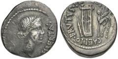 Roman Republic Brutus, Denarius, military mint traveling with Brutus in Lycia, Spring-early summer 42 BC. AR (g 3,49; mm 19; h 6). Head of Libertas r., wearing hair rolled back and collected into a kn