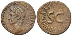 Roman Imperial Augustus (27 BC-AD 14), As, Rome; M. Salvius Otho, moneyer, 7 BC. AE (g 11.36; mm 27; h 6). CAESAR AVGVST PONT MAX TRIBVNIC POT, Bare head l.; Rv. M SALVIVS OTHO IIIVIR AAAFF, Legend ar