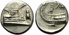 Greek world and ancient Near East Lycia, Phaselis, Stater, 4th century BC; AR (g 10,27; mm 21; h 5); Prow of galley r., fighting platform decorated with facing gorgoneion; on r., cicada upward, Rv. St