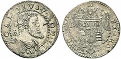 Monete di Zecche Italiane NAPOLI. Carlo V ( Carlo I di Spagna) (1516-1554) Mezzo ducato (g. 14,49). • CΛROLVS • V • ROMΛ • IMP •, Busto laur. e corazzato volto a ds.; a sn, IBR (Giovan Battista Ravasc