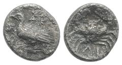 Greek Sicily, Akragas, c. 450-440 BC. AR Litra (8mm, 0.52g, 6h). Eagle standing l. on capital. R/ Crab. Westermark, Coinage, Period II, Series B.1; SNG ANS 989–995; HGC 2, 121. Roughness, near VF