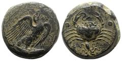 Greek Sicily, Akragas, c. 425-406 BC. Æ Hemilitron (27mm, 24.35g, 9h). Eagle standing r. on tunny. R/ Crab; conch shell and octopus below, six pellets around. Cf. Westermark, Coinage, 623; CNS I, 40; 