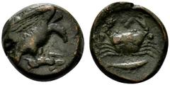 Greek Sicily, Akragas, c. 420-406 BC. Æ Tetras – Trionkion (17mm, 7.24g, 3h). Eagle standing r., head lowered, on hare held in its talons. R/ Crab; leaf above, three pellets around, crayfish below. We