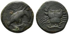 Greek Sicily, Akragas, c. 425-406 BC. Æ Tetras (21mm, 9.21g, 3h). Eagle standing r. on hare, head lowered, wings spread. R/ Crab; below, three pellets and crayfish l. Westermark, Coinage, Series 5; CN