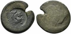 Greek Sicily, Akragas, c. 425/0-410/06 BC. Æ Hemilitron (27mm, 18.25g). [Eagle standing r. on fish] / [Crab holding serpent; six pellets around]; c/m: head of Herakles r., wearing lion skin, within in