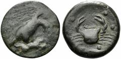 Greek Sicily, Akragas, c. 415-406 BC. Æ Hemilitron (25mm, 15.31g, 2h). Eagle standing r. on hare, head lowered. R/ Crab; crayfish below; six pellets around. Cf. Westermark, Coinage, 736; CNS I, 10; HG