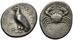 Greek Sicily, Akragas, c. 495-480/78 BC. AR Didrachm (24.5mm, 8.60g, 9h). Eagle standing l. R/ Crab. Westermark, Coinage, Group I, 28; HGC 2, 90. VF