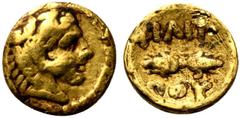 Greek Kings of Macedon, time of Philip II - Alexander III (c. 340/36-328 BC). AV Eighth Stater (8mm, 1.05g, 6h). In the name and types of Philip II. Pella. Head of Herakles r., wearing lion skin. R/ Φ